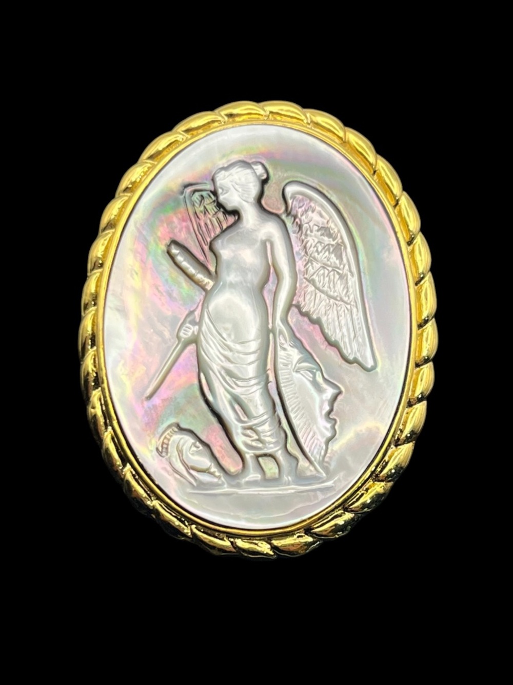 Cameo Angel Goddess Nike carved abalone shell pendant or brooch pin vintage